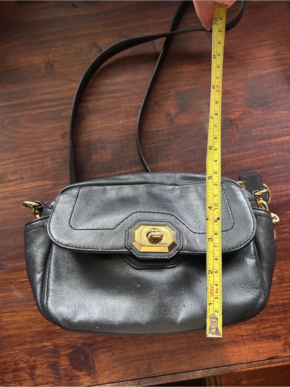 Coach Black Leather Crossbody with Gold-Tone Chain and Turn-Lock Closure - Picture 5 of 7